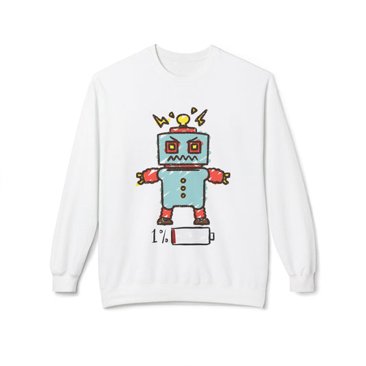 White sweatshirt with a crayon drawing of a robot graphic and battery icon featuring 1% battery 