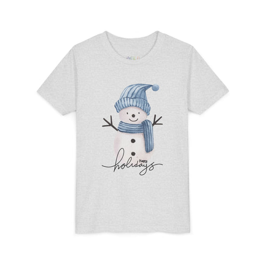Gray t-shirt with a snowman design and 'Happy Holidays' text on a white background