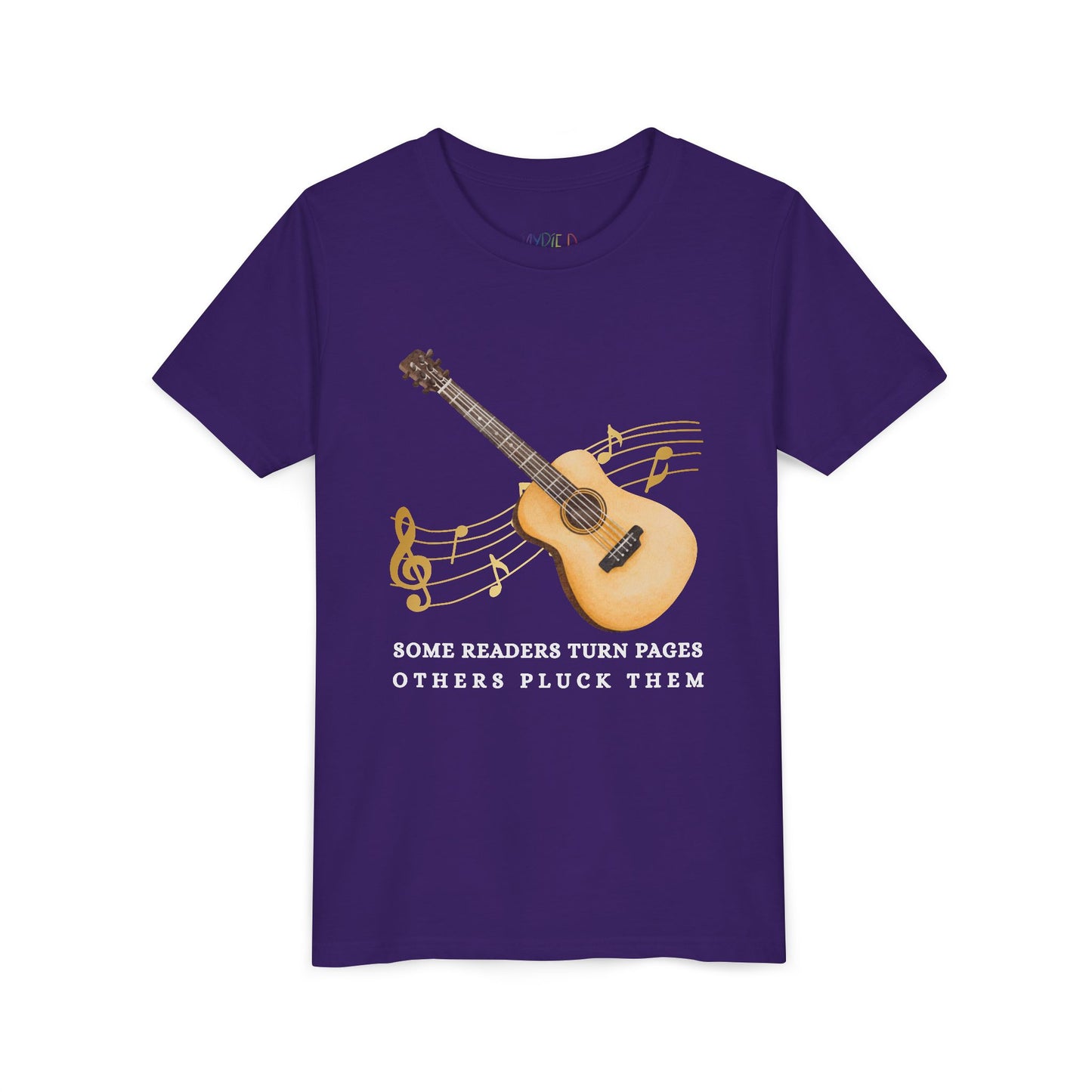 Purple t-shirt with a guitar graphic, music notes and text 'some readers turn pages others pluck them'