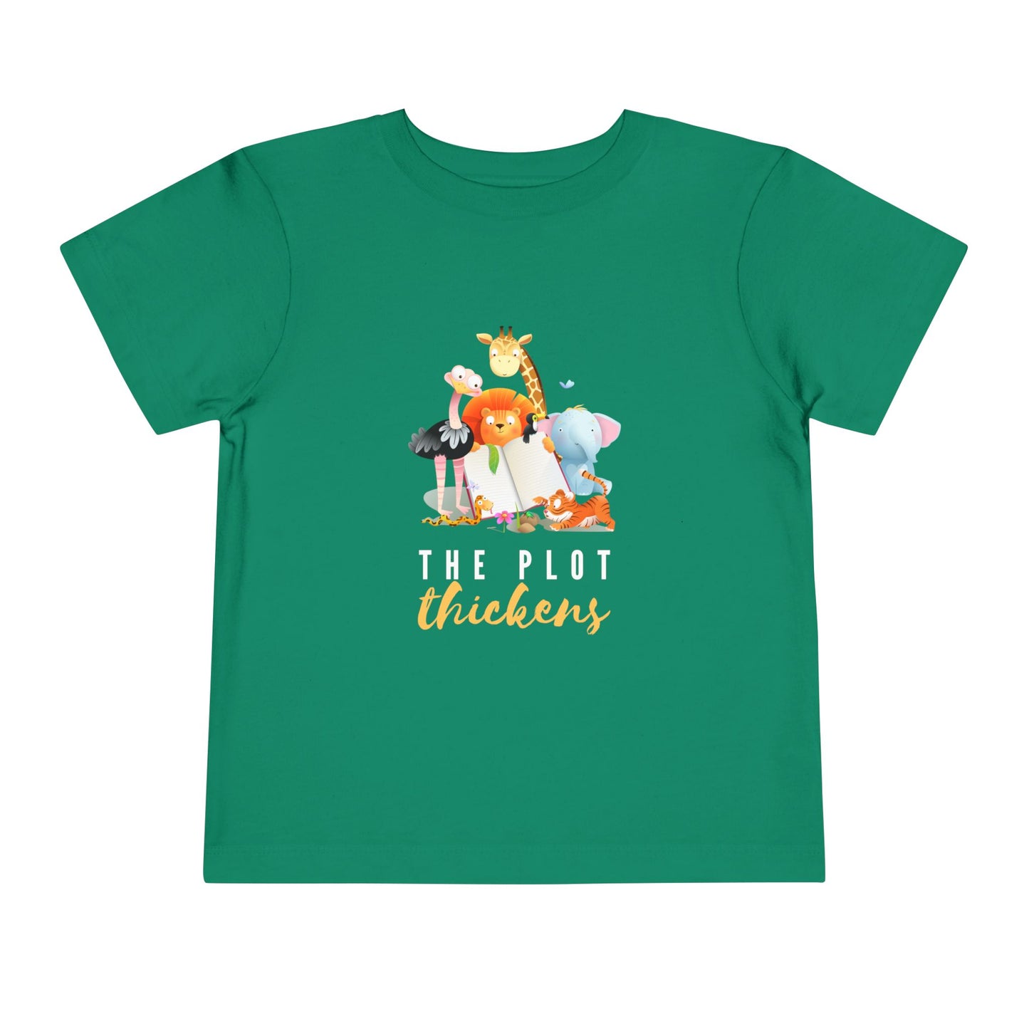 Green t-shirt with cartoon animals all gathered around a book, and text 'The Plot Thickens'