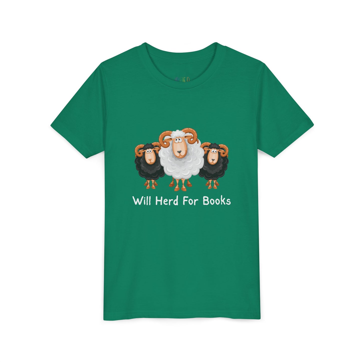 Green t-shirt with cartoon sheep and text 'Will Herd For Books' 