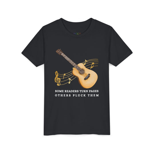Black t-shirt with a guitar graphic, music notes and text 'some readers turn pages others pluck them'