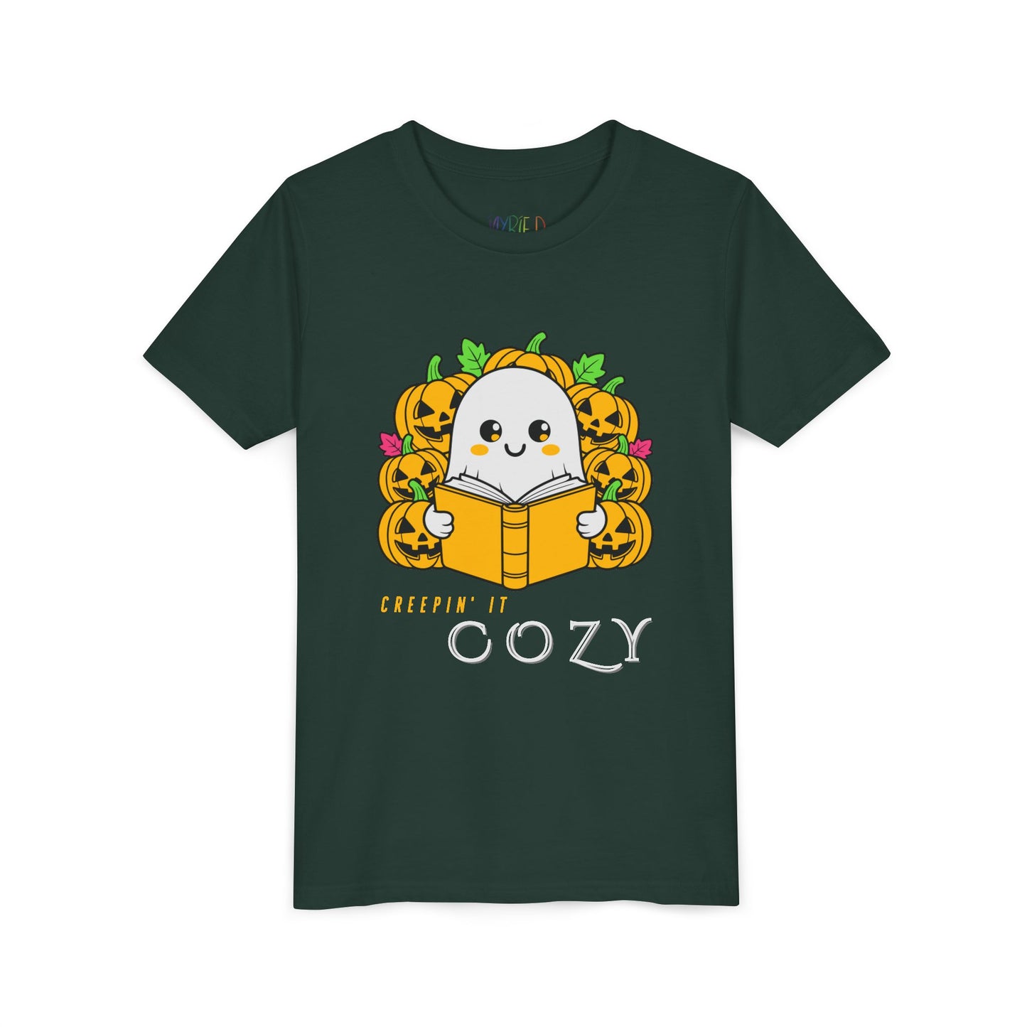 Dark green t-shirt with a ghost reading a book in a pumpkin patch with text 'Creepin' It Cozy'