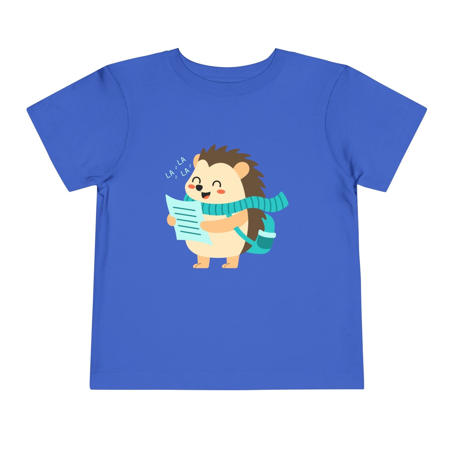 Blue toddler t-shirt with a cartoon hedgehog in a flowy scarf and caroling on a white background
