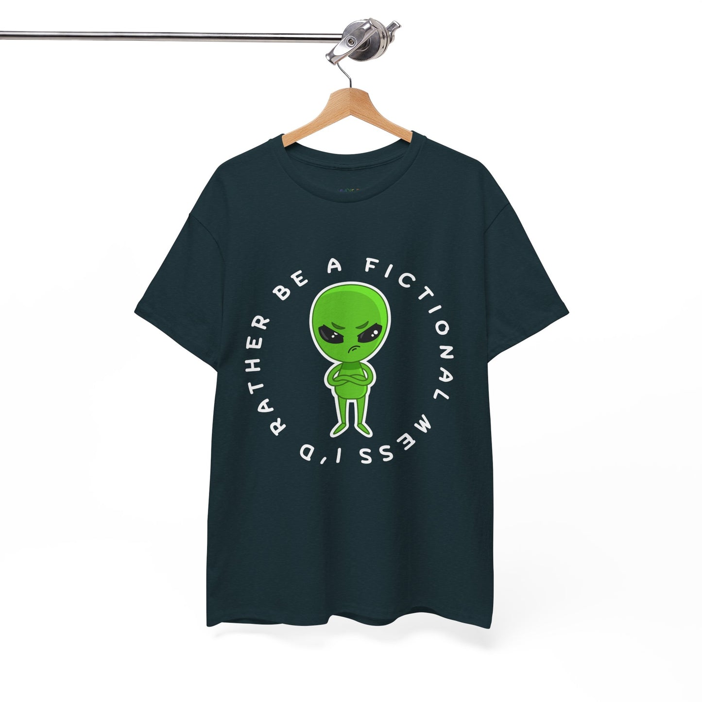 Dark (midnight) t-shirt with a grumpy faced, cross armed green alien, and text 'I'd Rather Be A Fictional Mess'