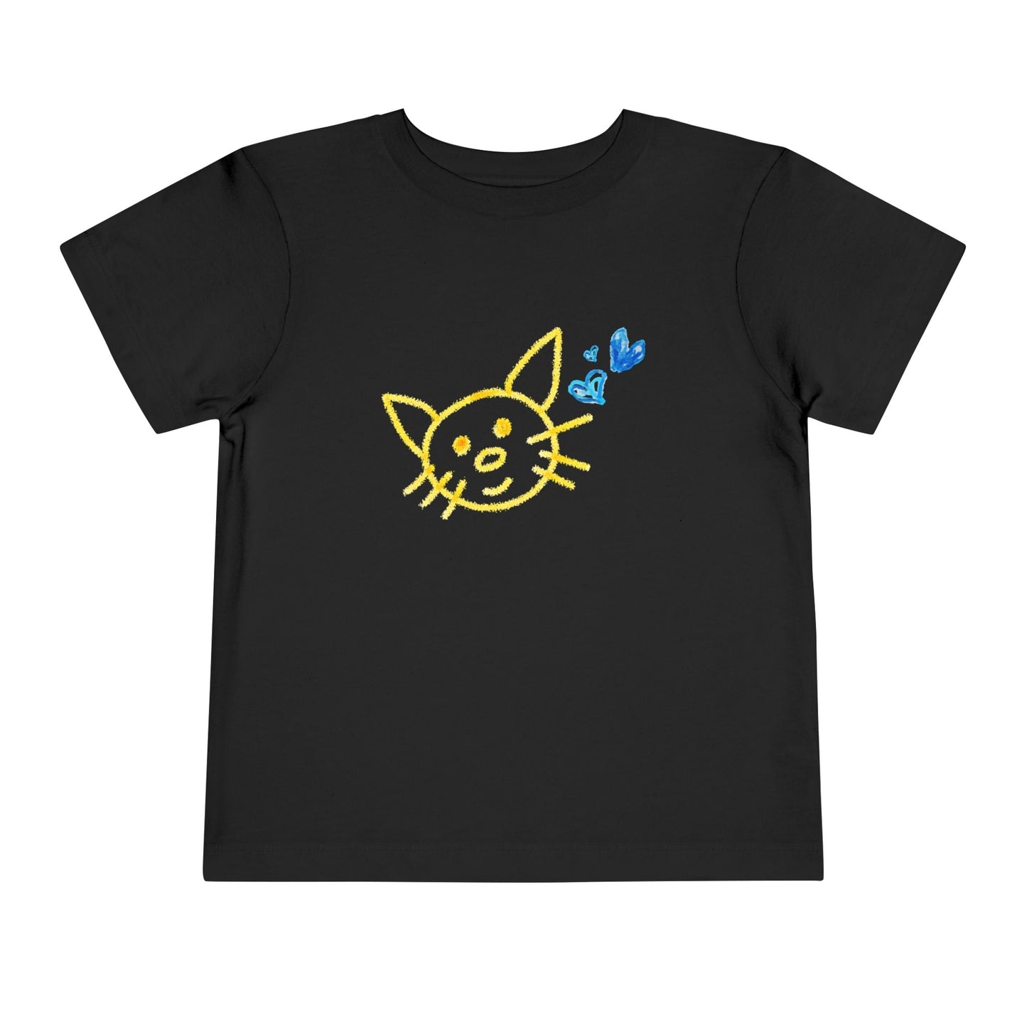 Black toddler t-shirt with a yellow and blue crayon drawing of a cat and hearts with a white background