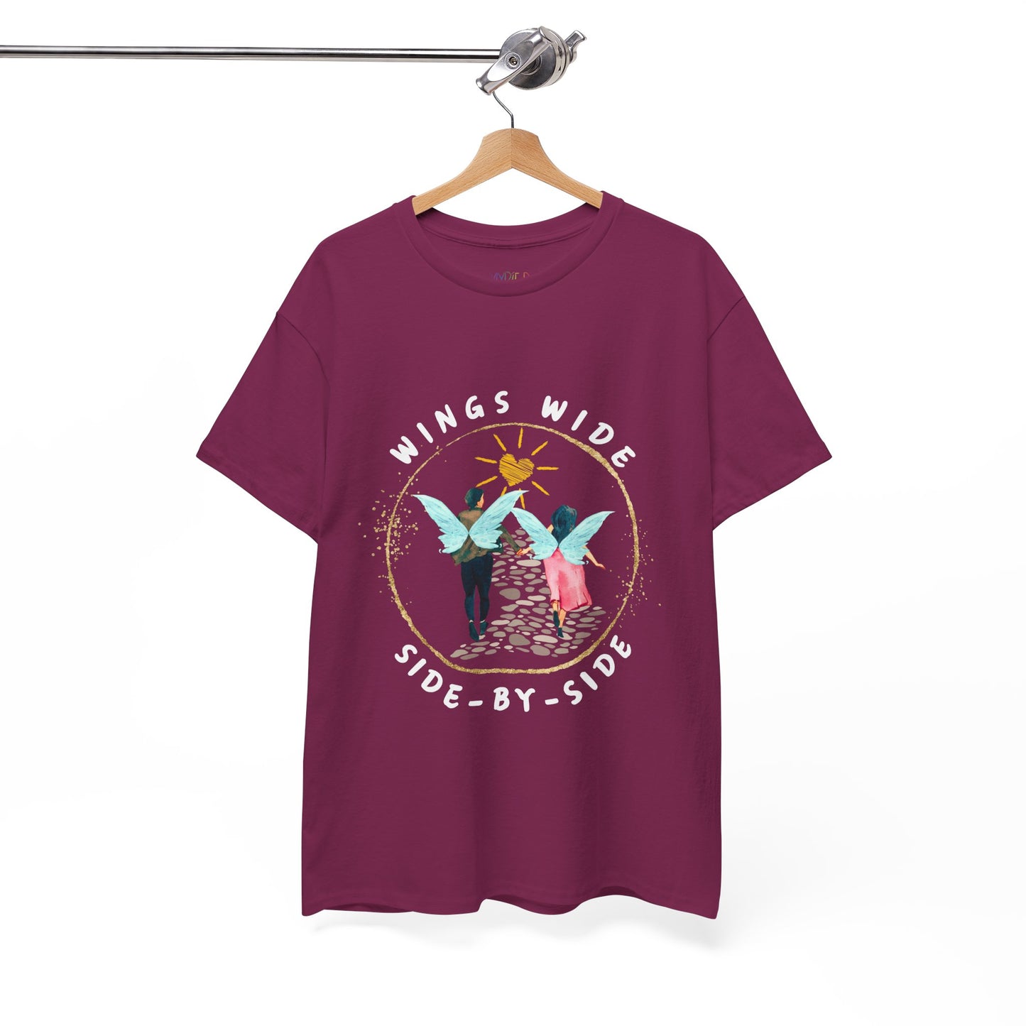 Berry t-shirt with a fairy couple running off into the sunset down a cobblestone path and text 'Wings Wide Side-By-Side'