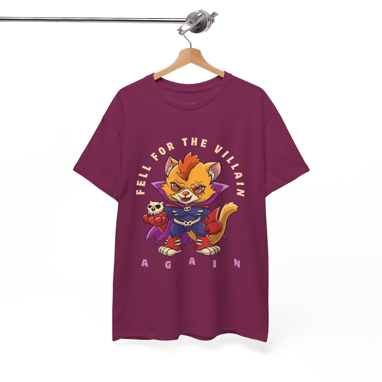 Berry t-shirt with a cartoon cat villain and text 'Fell For the Villain AGAIN'