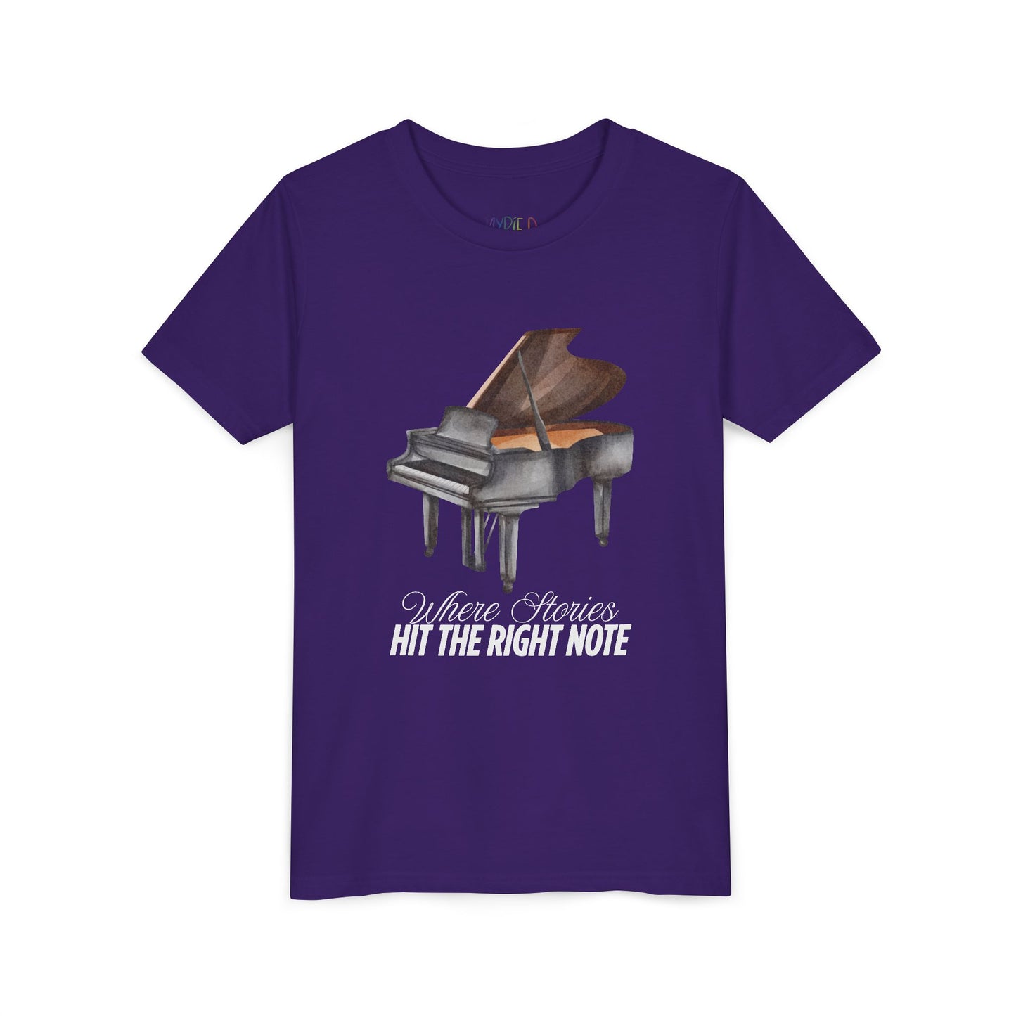 Purple t-shirt with a grand piano graphic and text 'Where Stories Hit The Right Note'