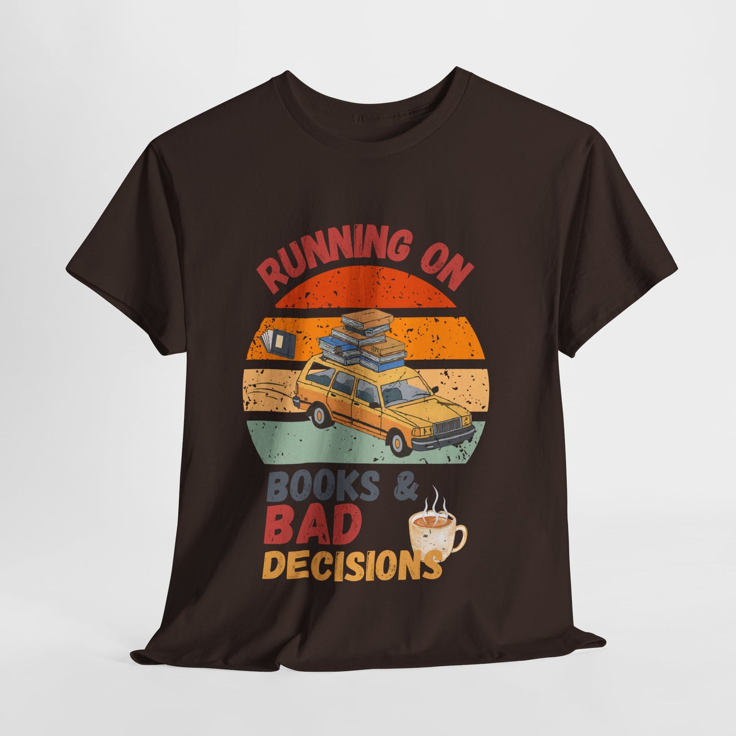 Teen/Adult Unisex Running on Books & Bad Decisions Tee – Funny Retro Reader Shirt for Book Addicts (Coffee Edition)