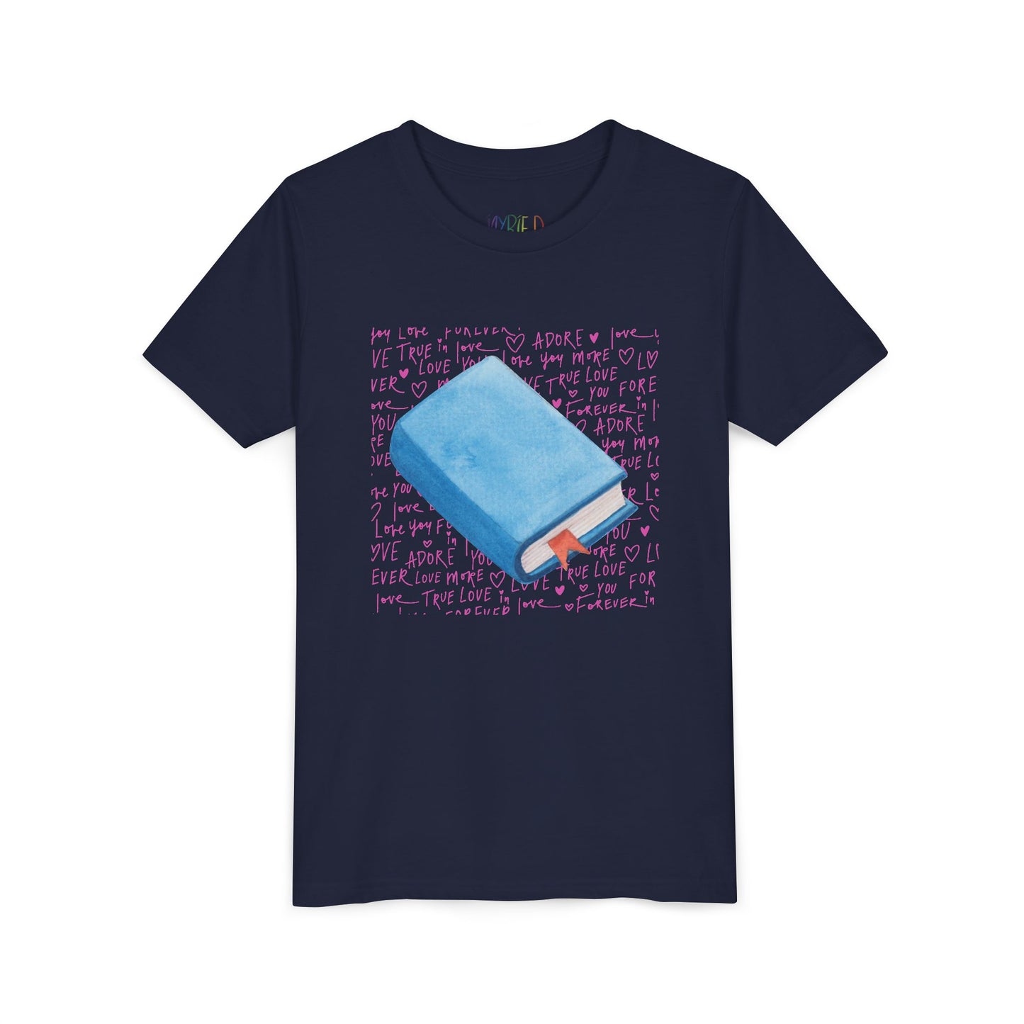 Navy t-shirt with a pink hand writing and a blue book graphic 
