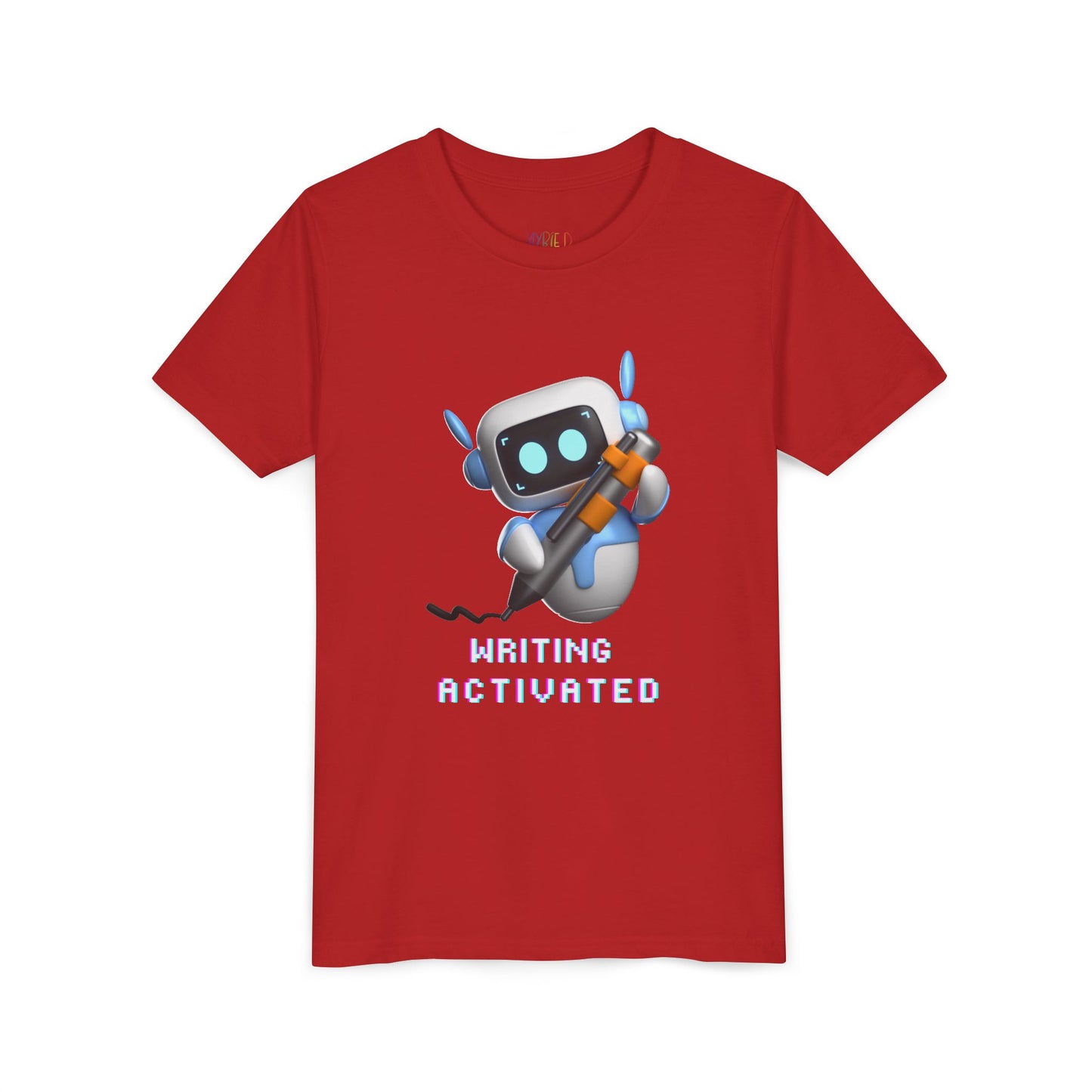 Red t-shirt with a robot graphic and 'Writing Activated' text 