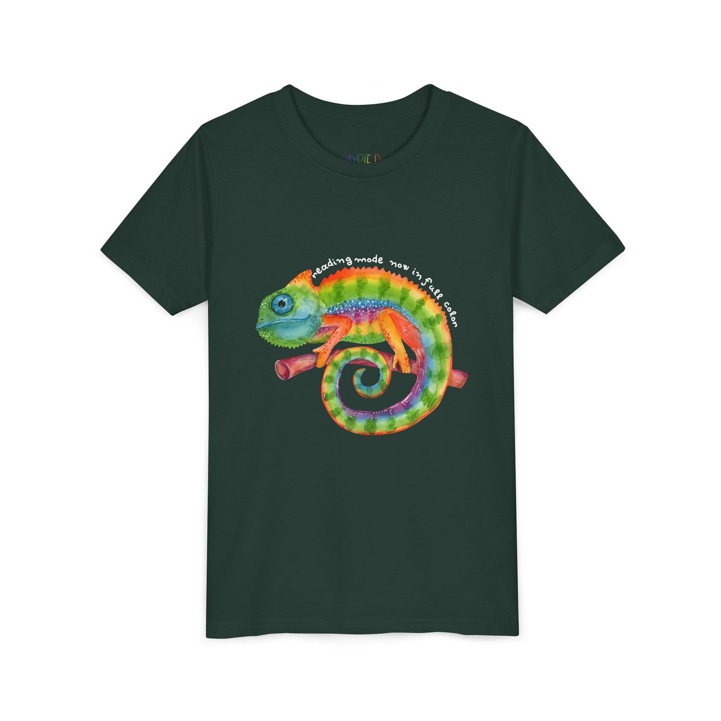 Dark green t-shirt with a colorful chameleon and text 'reading mode now in full color'