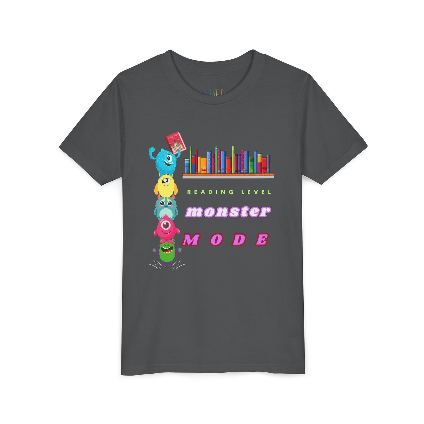 Gray t-shirt with colorful monsters standing on each others shoulders to reach a book on the bookshelf and text 'Reading Level Monster Mode'