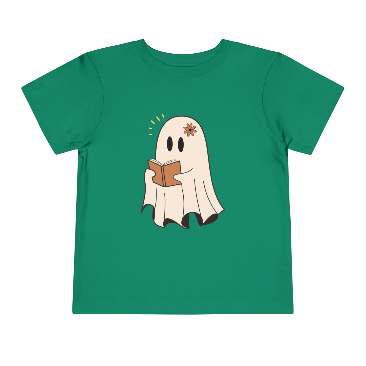 Green toddler t-shirt with a cartoon ghost reading a book 