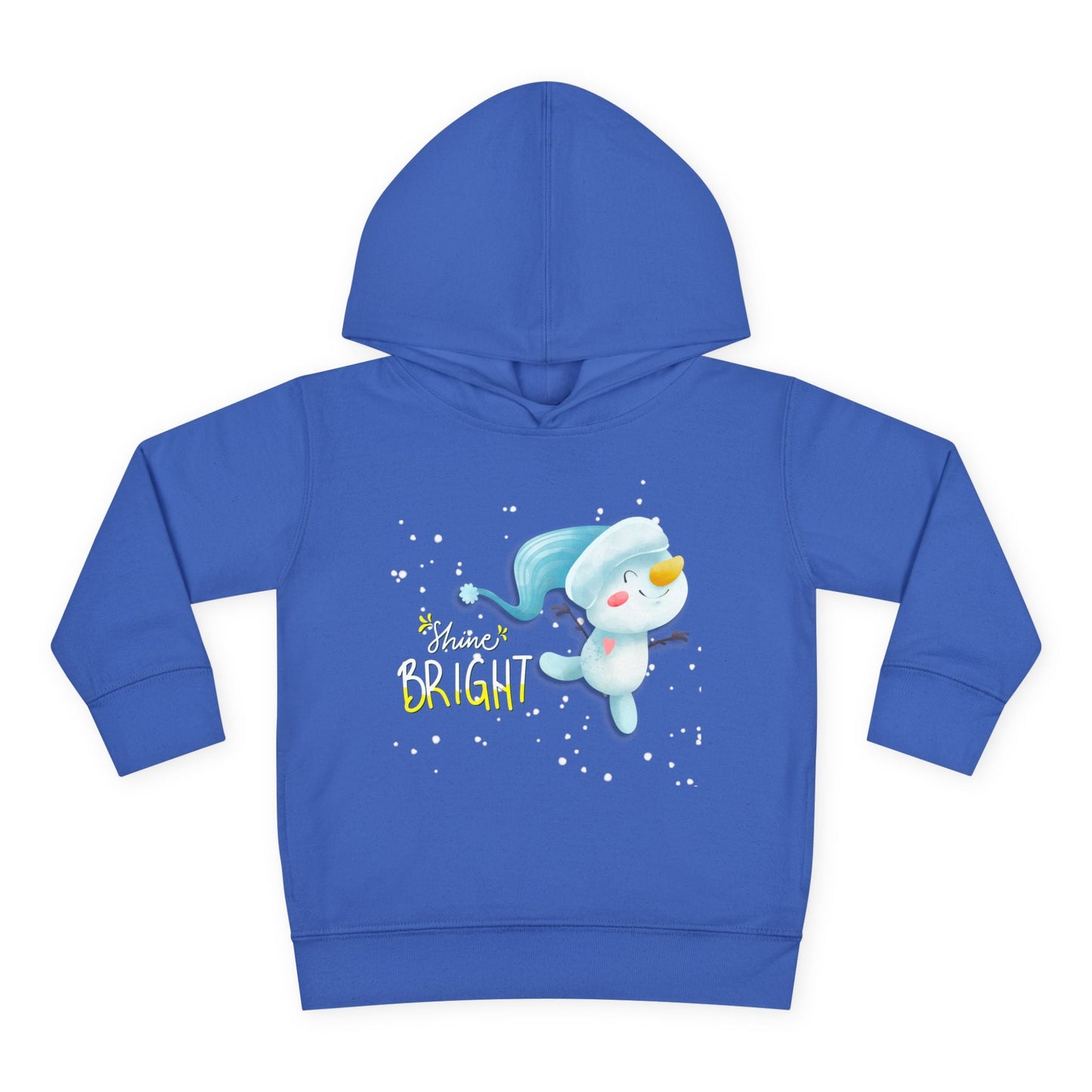 Blue toddler hoodie with a snowman dancing through the snow graphic and 'Shine Bright' text on a white background