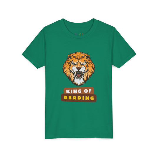Green t-shirt with a roaring lion graphic and colorful 'King of Reading' text 