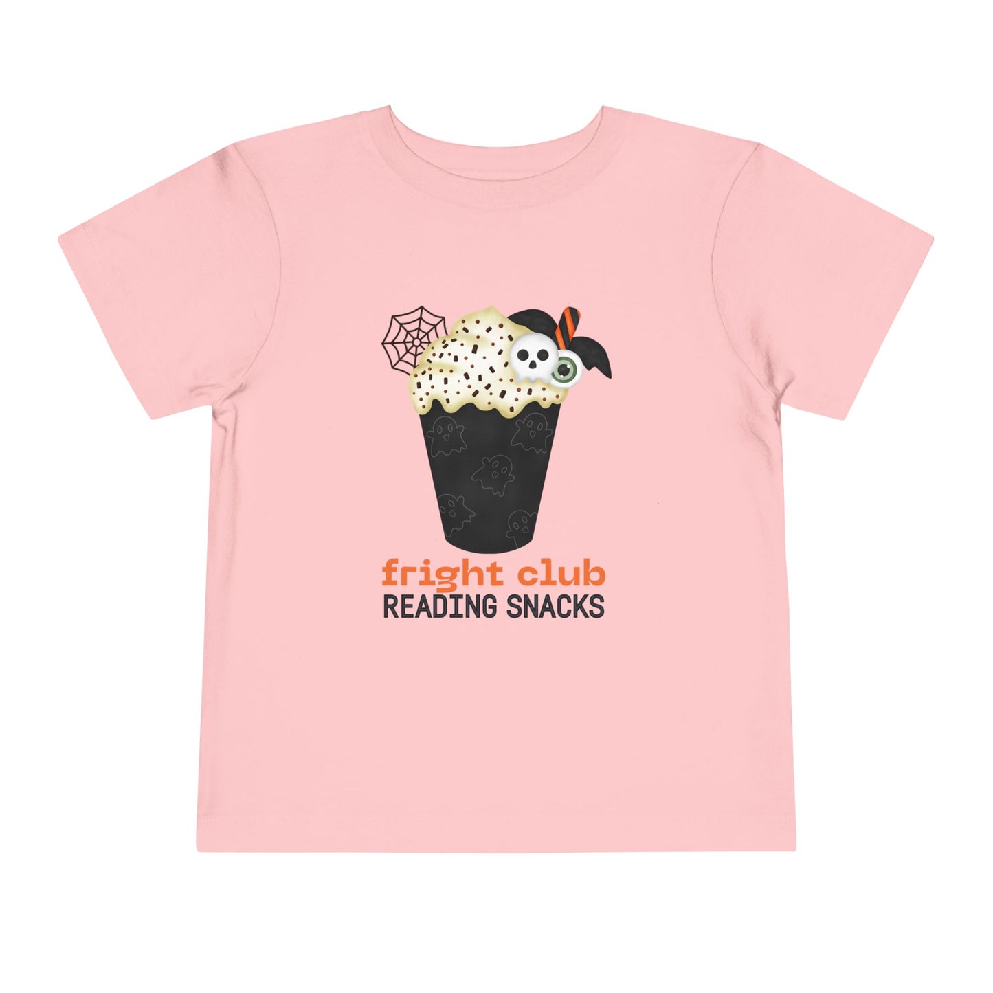 pink t-shirt with Halloween-themed  foamy beverage design and text "fright club reading snacks' on a white background