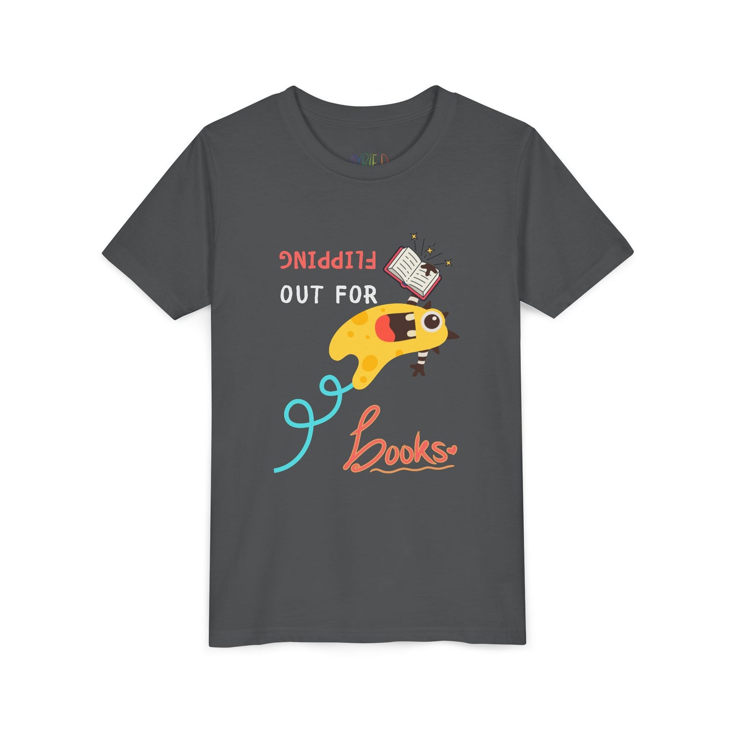 Gray t-shirt with a yellow monster holding a book while flipping backwards through the air and playful text 'Flipping Out For Books'