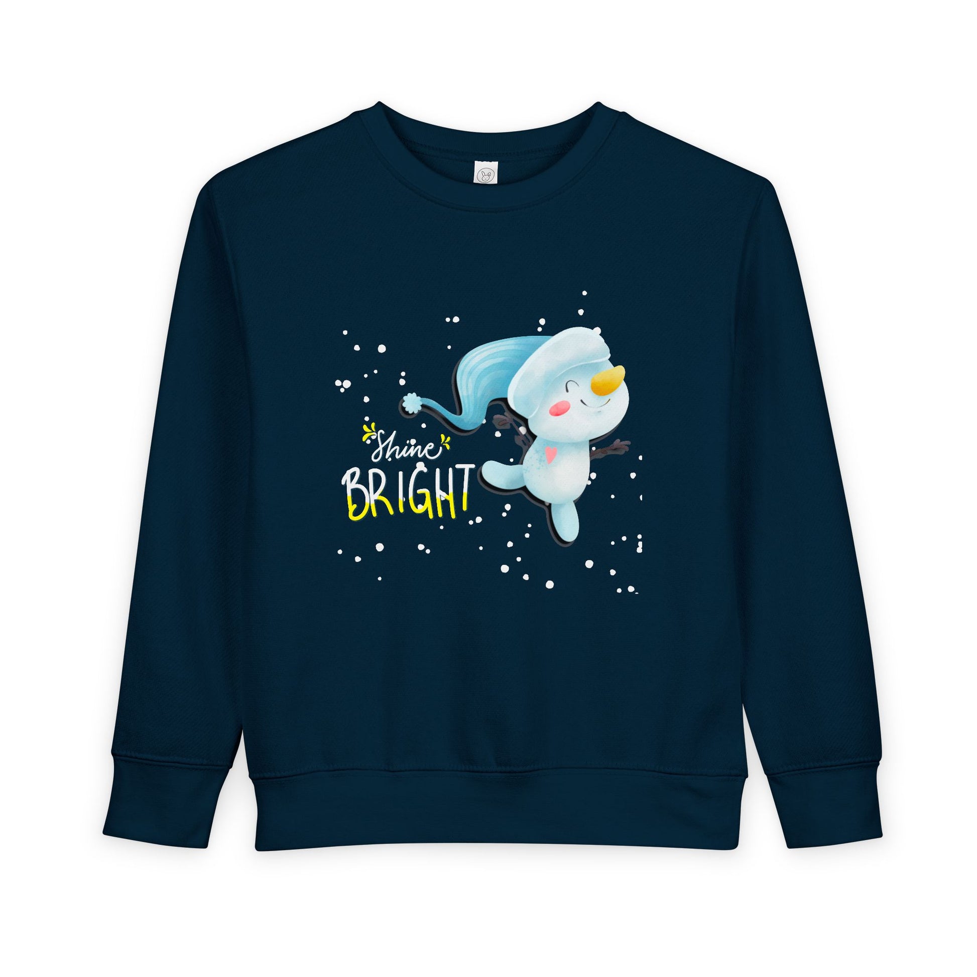 Navy blue toddler sweatshirt with a cartoon snowman dancing through the snow and 'Shine Bright' text on a white background