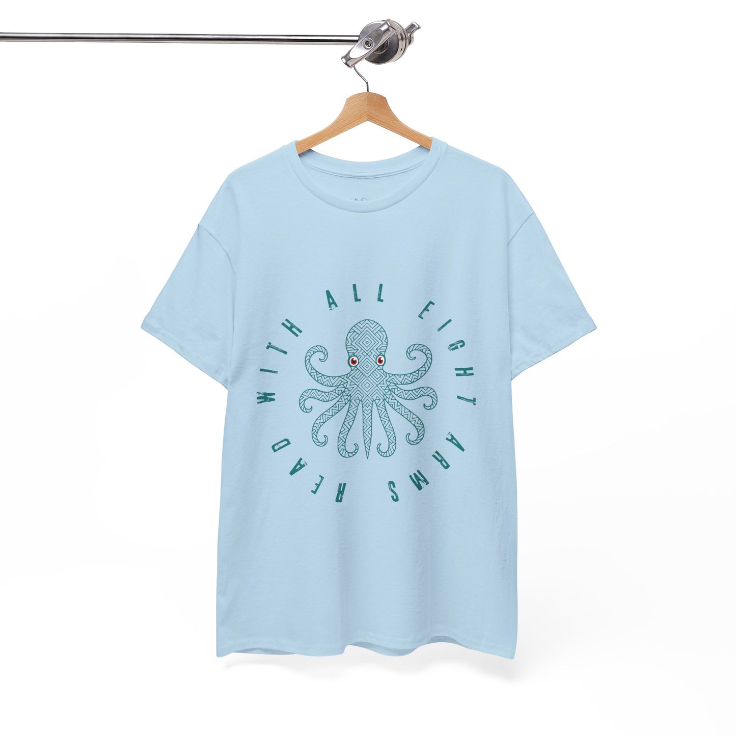 Light blue t-shirt with a red eyed octopus and text 'Read With All Eight Arms'