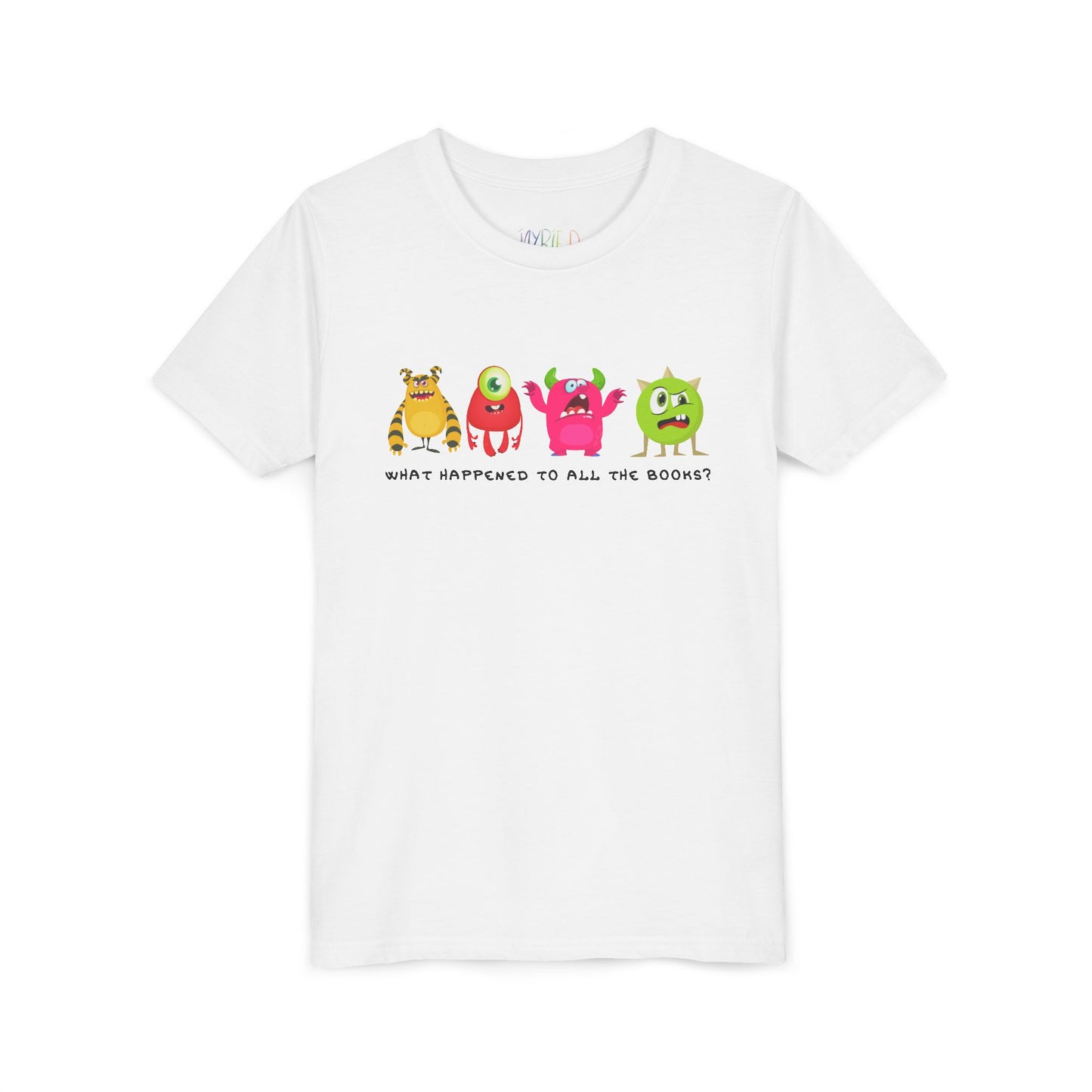 White t-shirt with four colorful cartoon monsters looking grumpy, confused and bewildered, text 'What happened to all the books?'