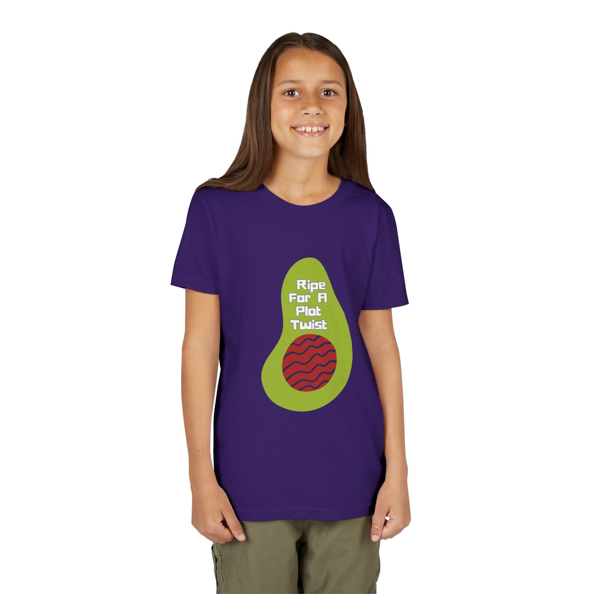 Girl wearing a purple t-shirt with avocado graphic and text 'ripe for a plot twist'