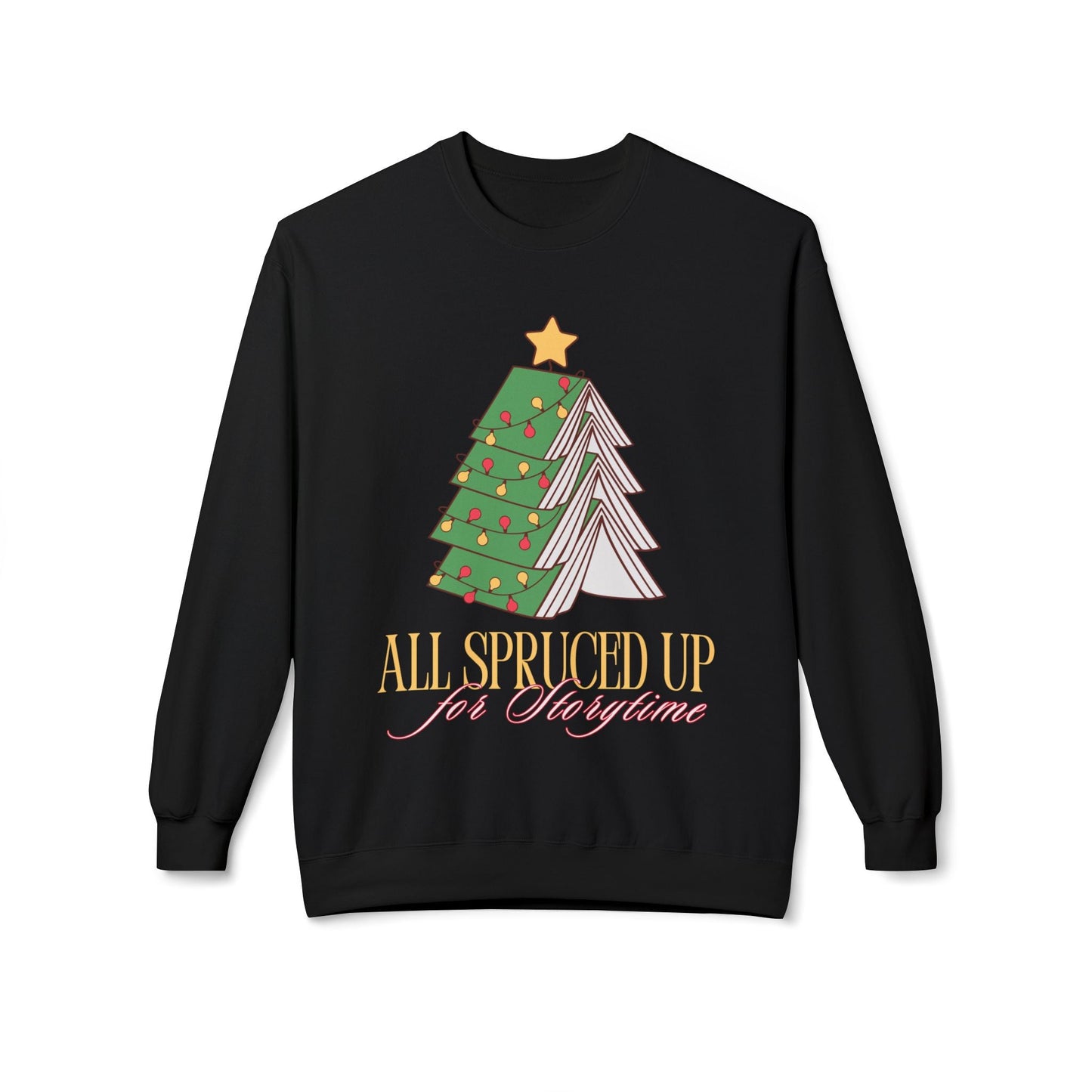 Teen/Adult Unisex All Spruced Up for Storytime Sweatshirt â€“ Festive Book Tree Christmas Design Printify