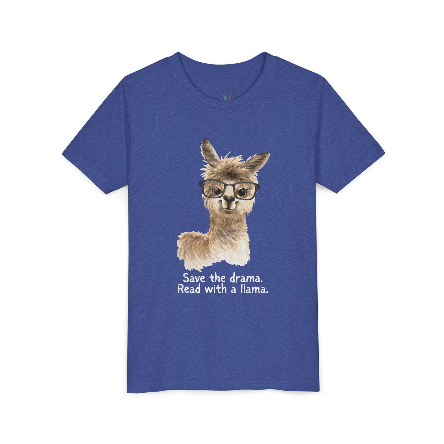 Blue t-shirt with an eyeglass wearing llama and text 'Save the drama. Read with a llama.'