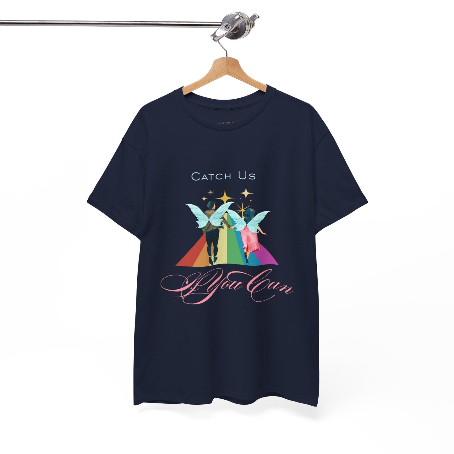 Navy blue t-shirt with two fairies running down a rainbow path and text 'Catch Us If You Can'