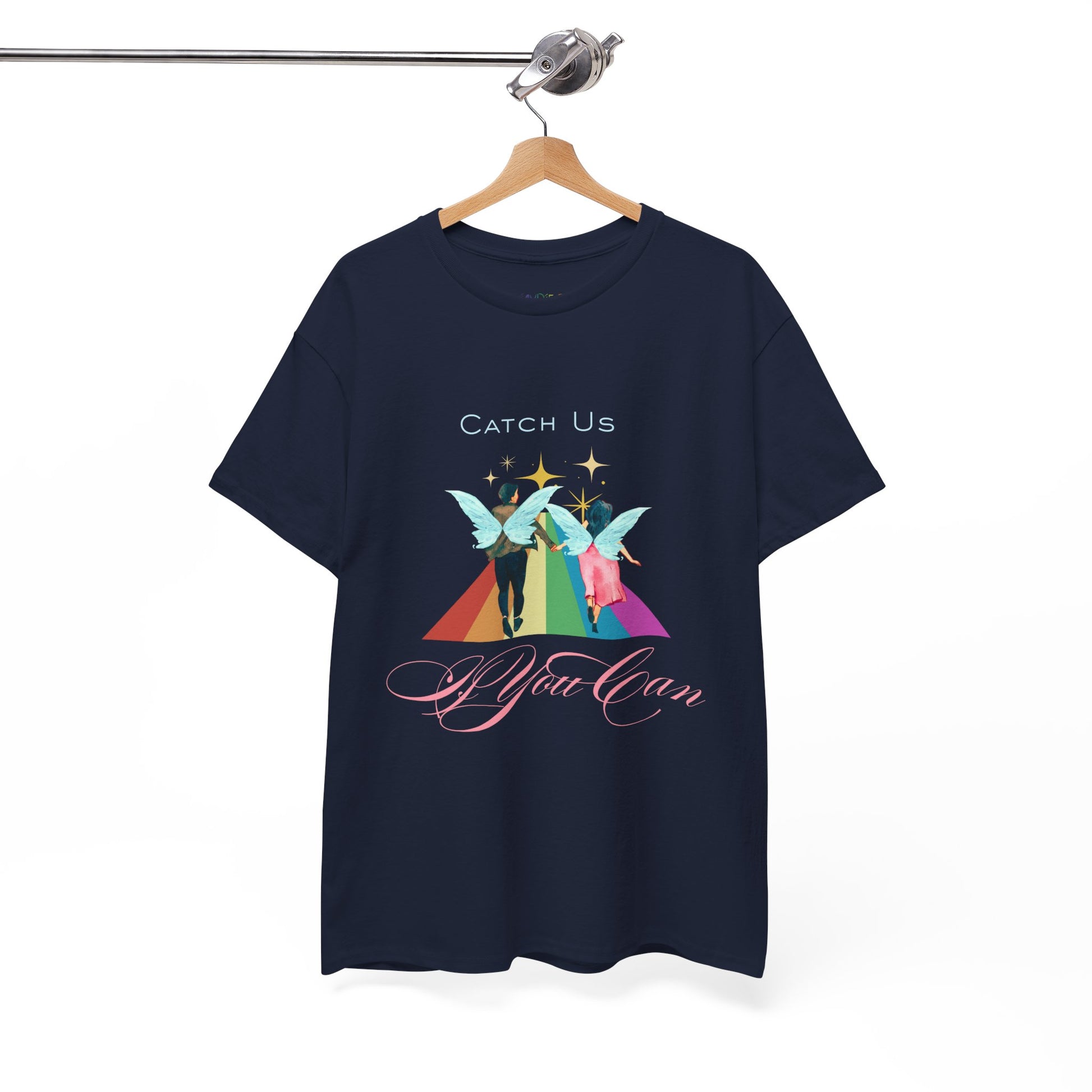 Navy blue t-shirt with two fairies running down a rainbow path and text 'Catch Us If You Can'