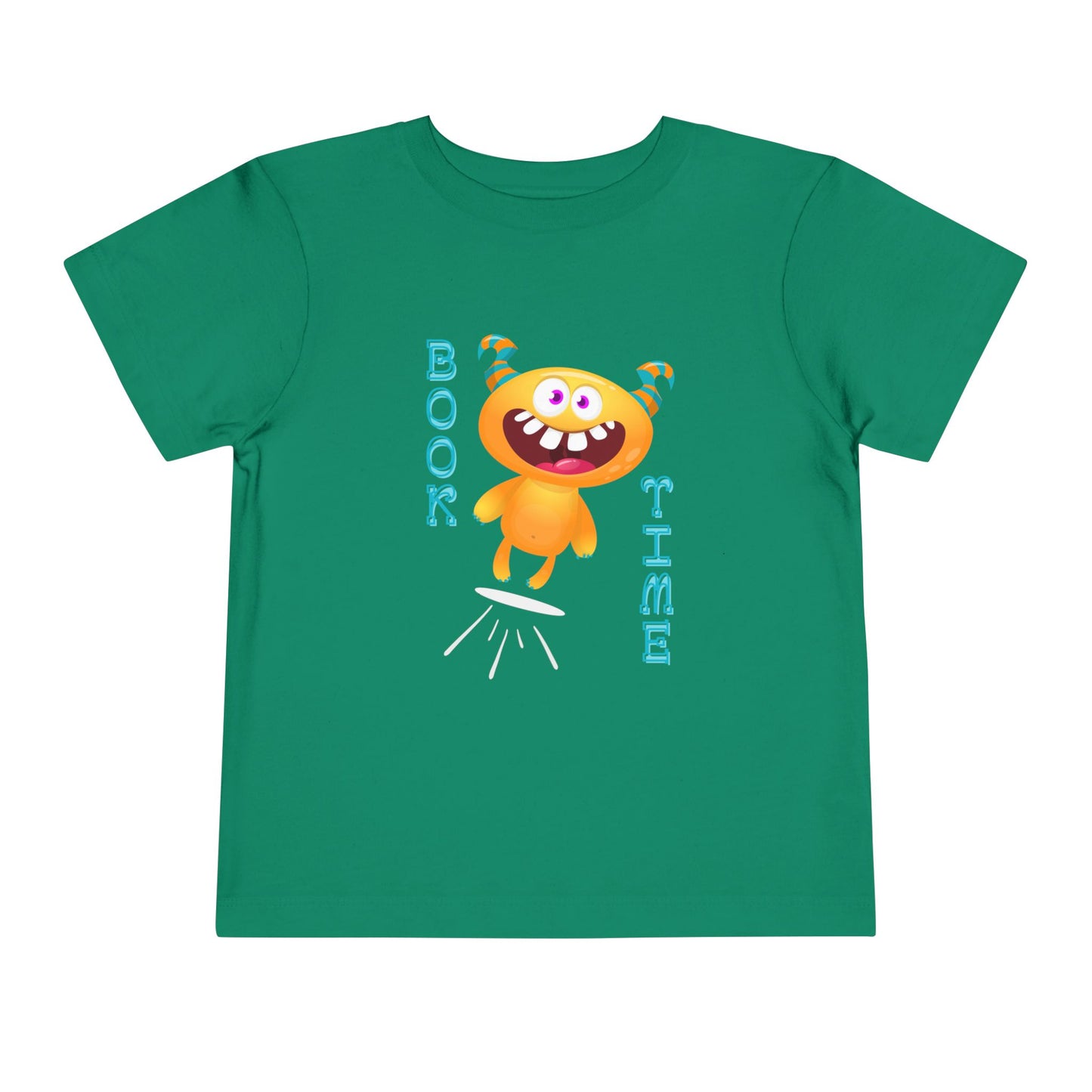 Green toddler t-shirt with a jumping cartoon monster design and text 'BOOK TIME'
