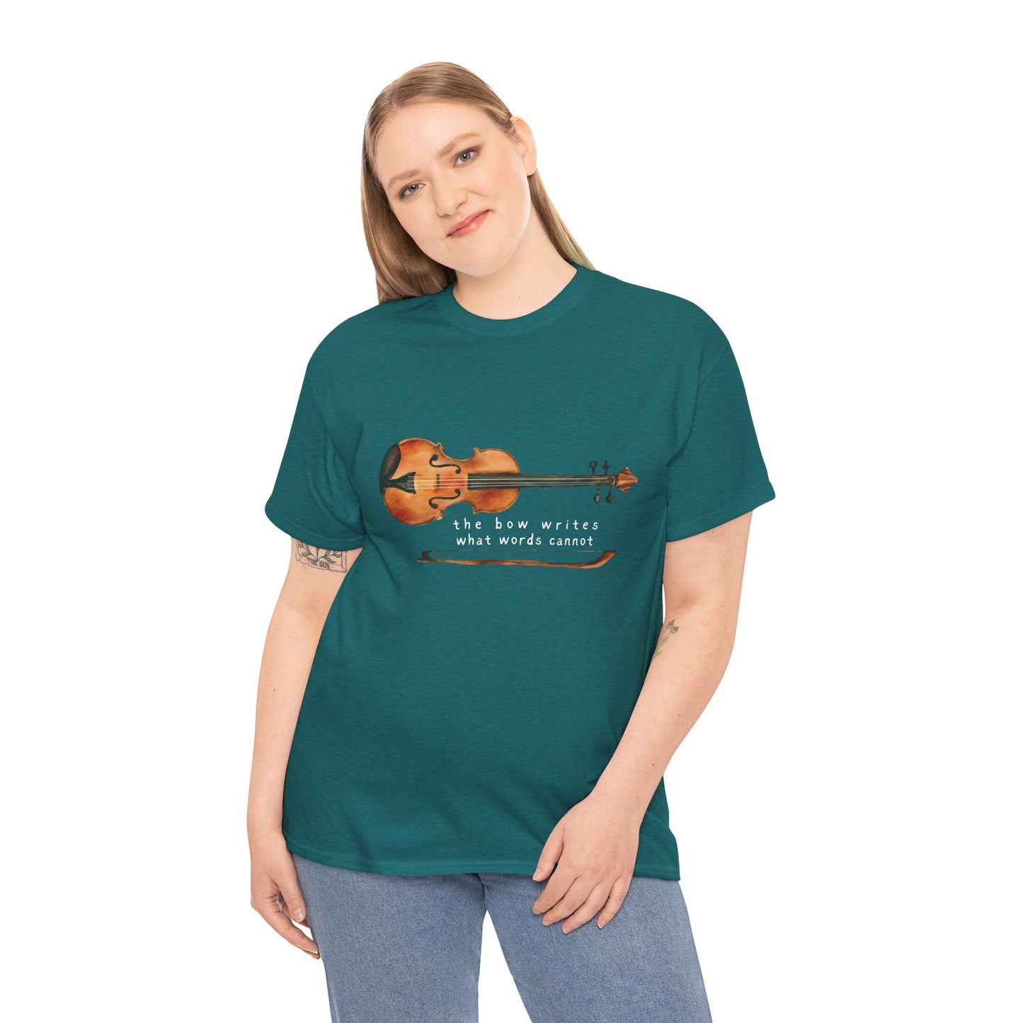 Woman wearing a teal t-shirt with a violin graphic and text 'the bow writes what words cannot'