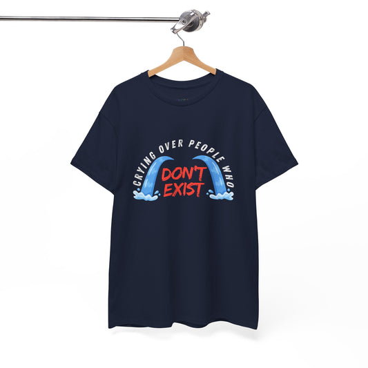 Navy blue t-shirt with graphic design of two waterfalls and text 'Crying Over People Who Don't Exist' 