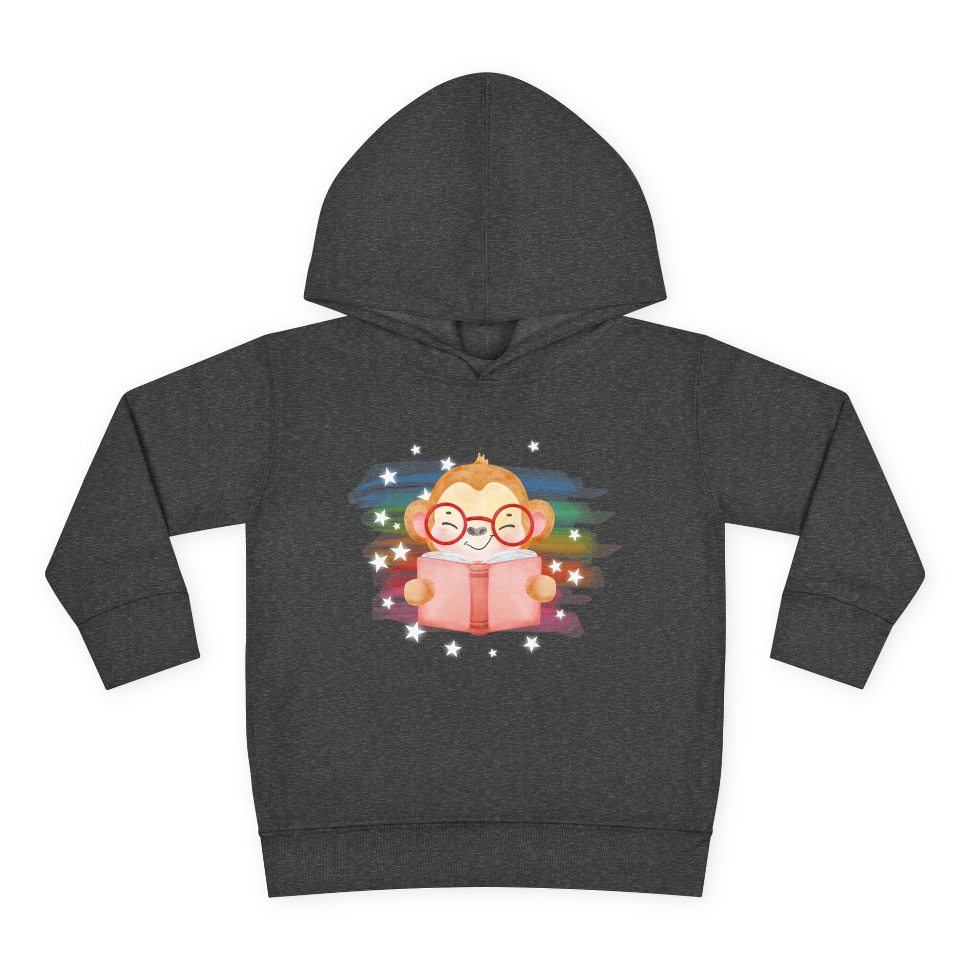 Dark gray hoodie with a cartoon monkey reading a book in front of arainbow and star background