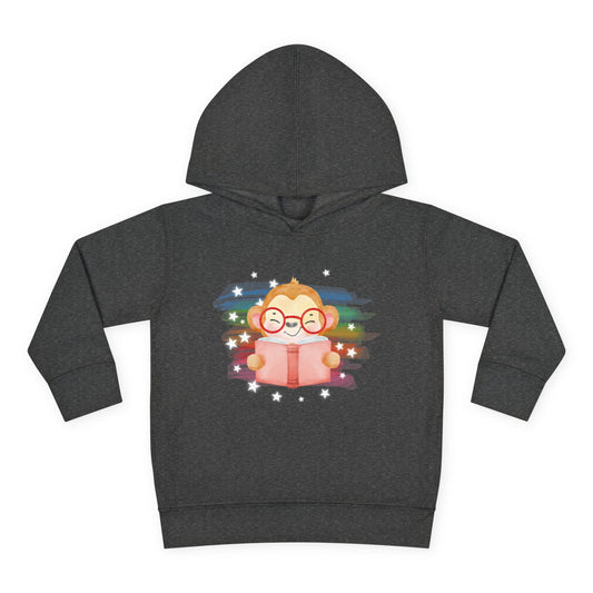 Dark gray hoodie with a cartoon monkey reading a book in front of arainbow and star background