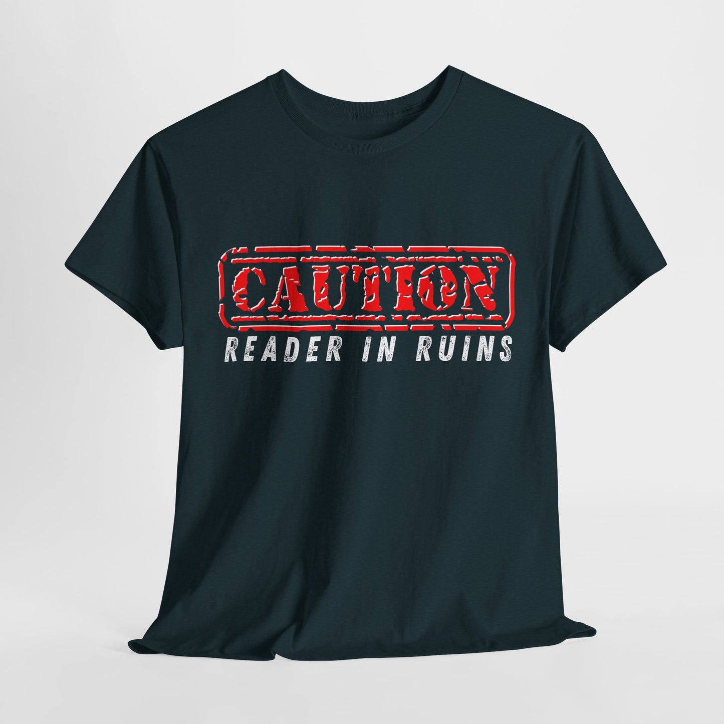 Teen/Adult Unisex Tee – CAUTION: Reader in Ruins (Red Caution)