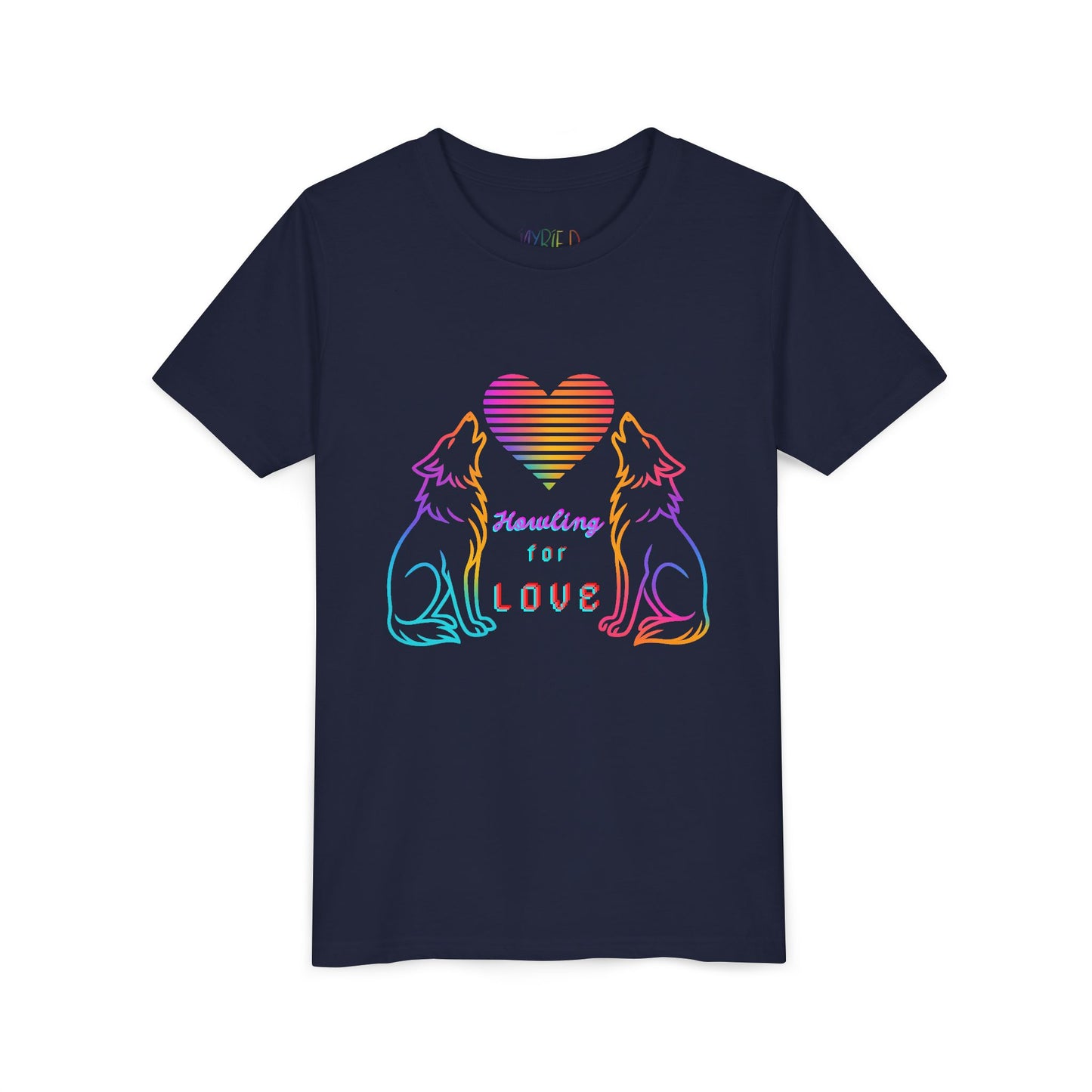 Navy t-shirt with two rainbow wolves howling at a heart and text 'Howling For Love' 