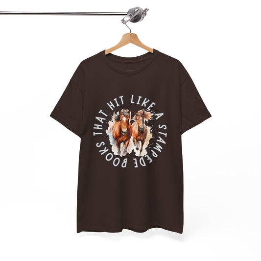 Brown t-shirt with horses running out from the center of the shirt and circled by words 'Books That Hit Like a Stampede' 