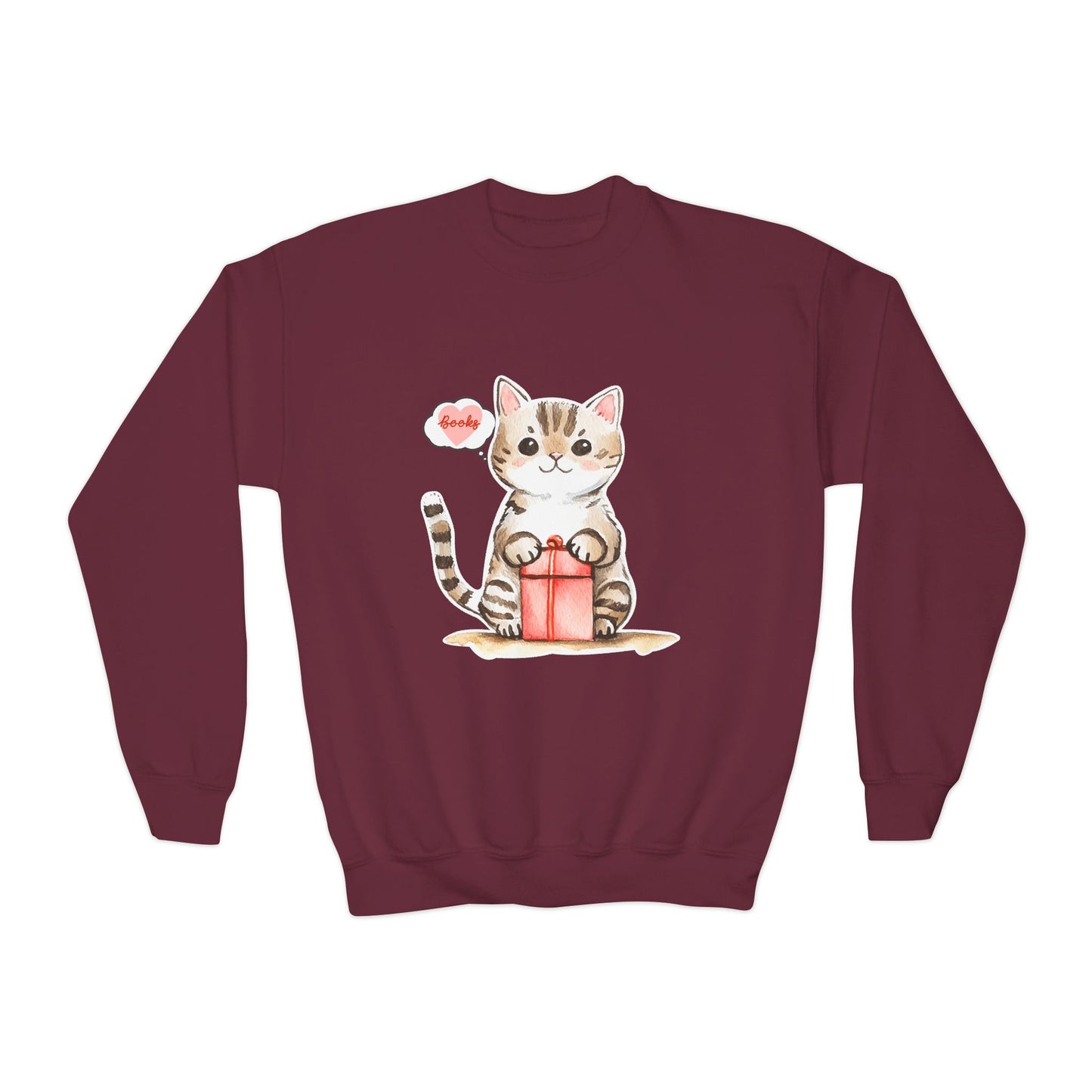 Maroon sweatshirt with a cat holding a gift box design on a white background