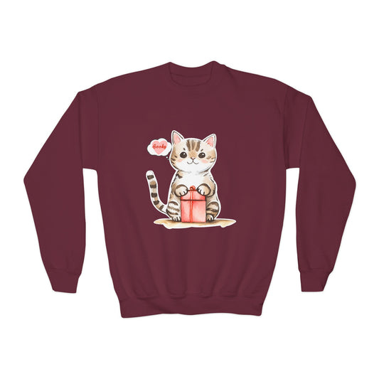 Maroon sweatshirt with a cat holding a gift box design on a white background