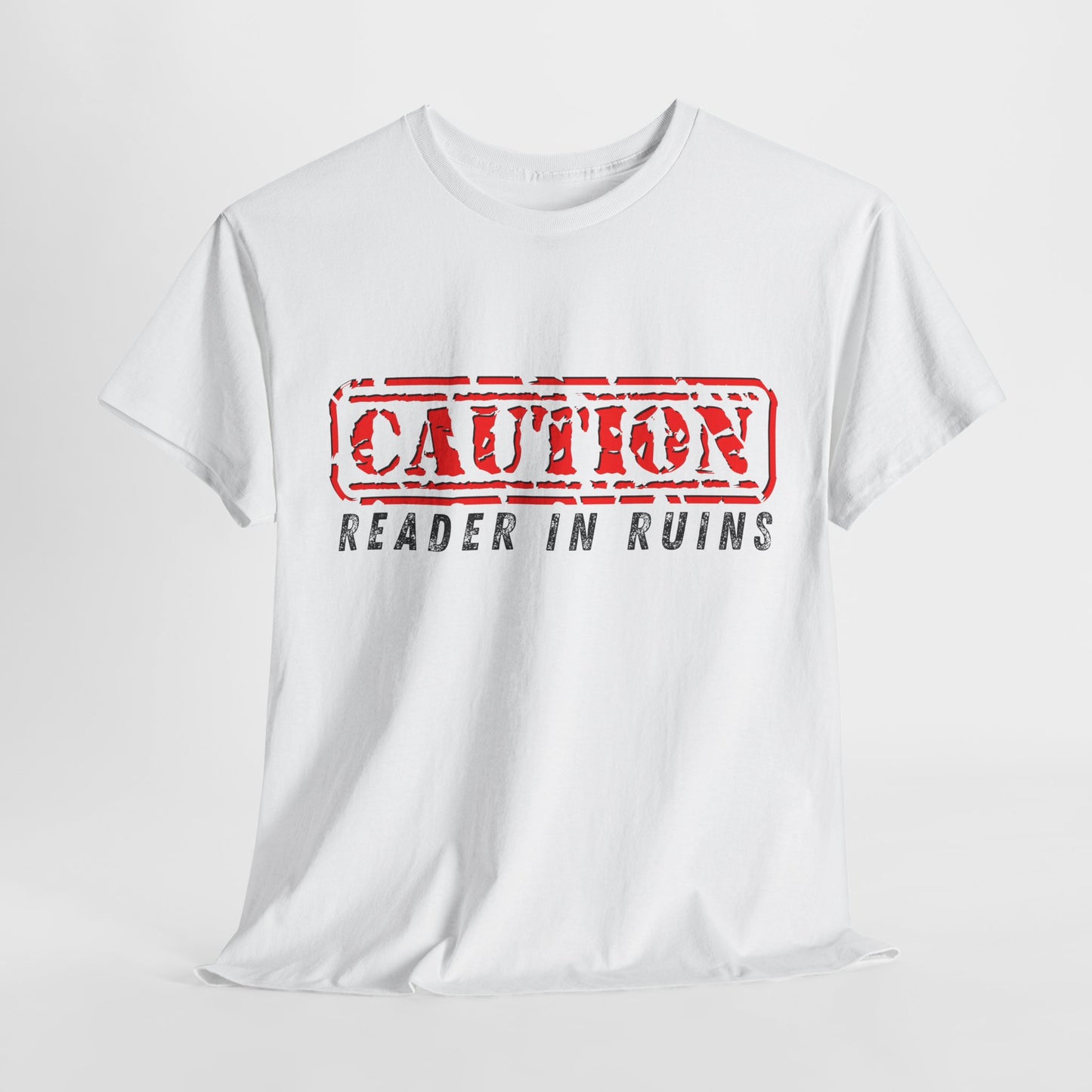 Teen/Adult Unisex Tee – CAUTION: Reader in Ruins (Red Caution)