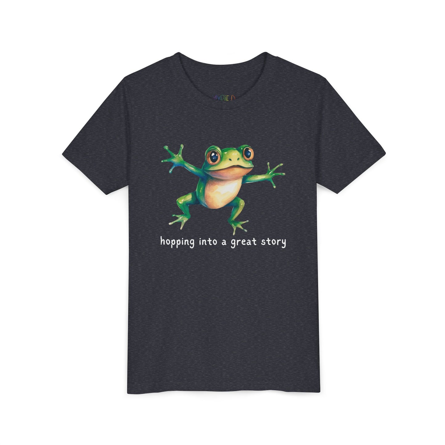 Youth Hopping Into a Great Story Tee – Frog Reading Shirt for Curious Young Readers