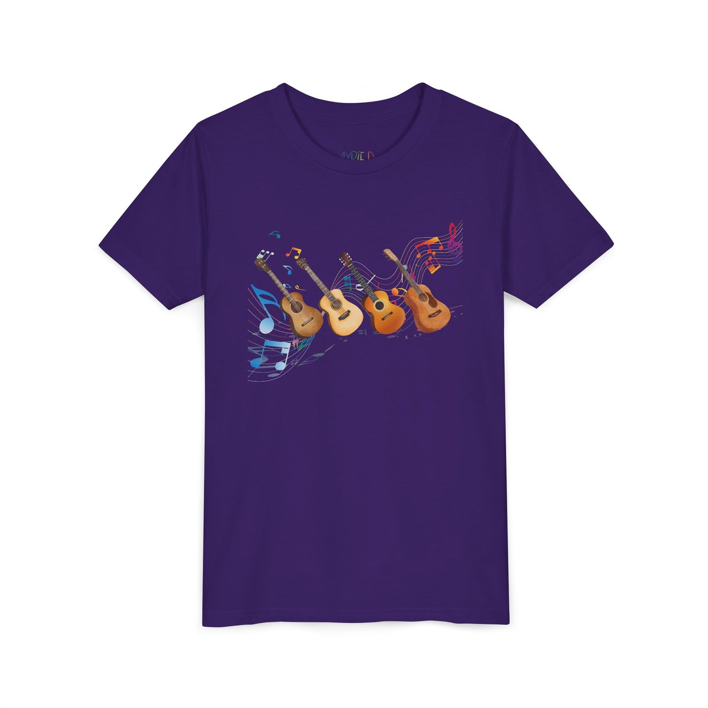 Purple t-shirt with colorful music notes and a row of guitars 