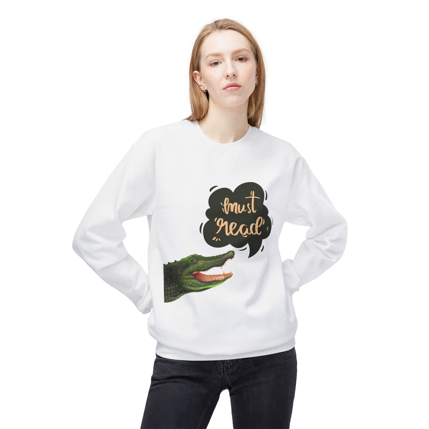 Teen/Adult Unisex Must Read Sweatshirt, Funny Crocodile Book Lover Crewneck