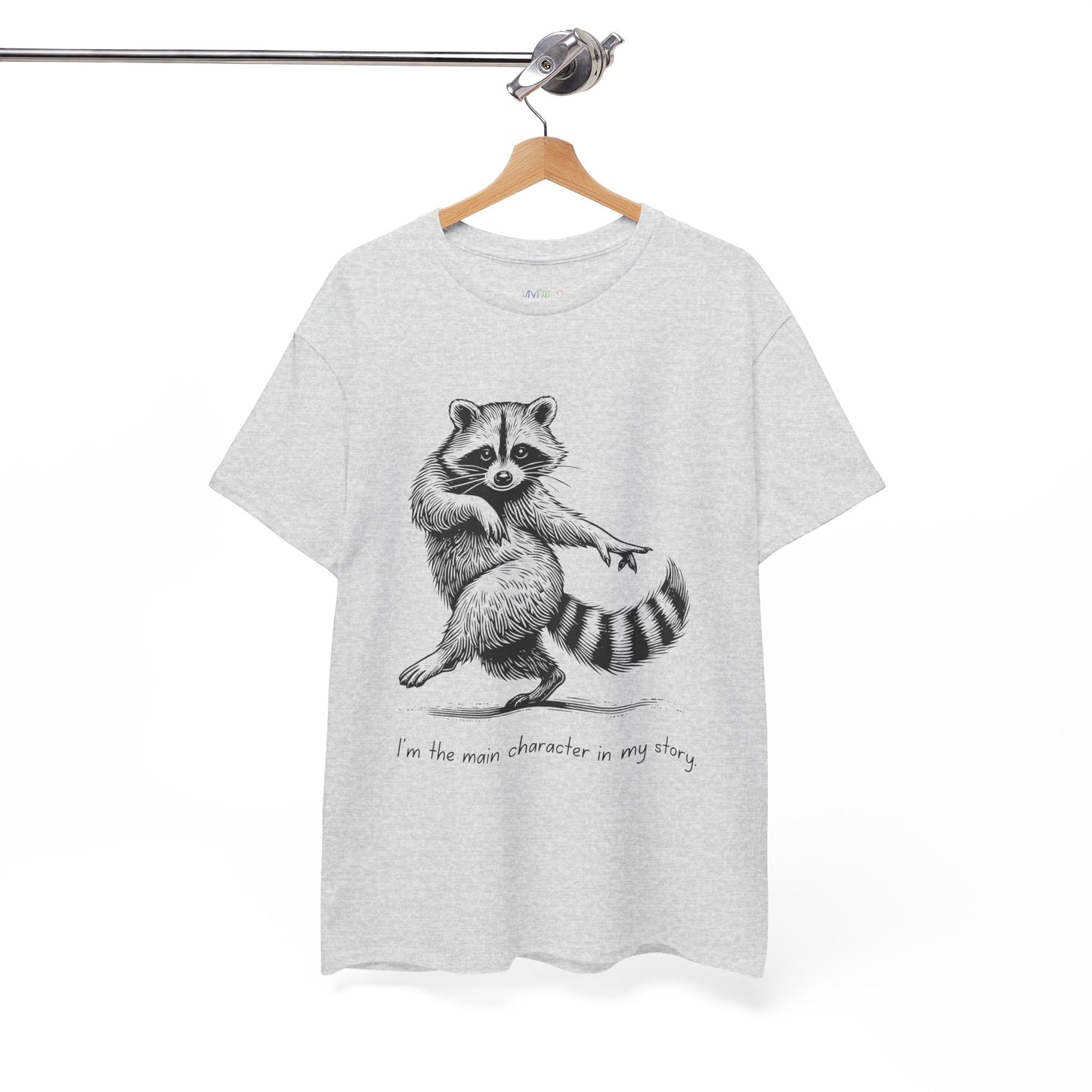 Gray t-shirt with a dancing raccoon graphic and text 'I'm the main character in my story'