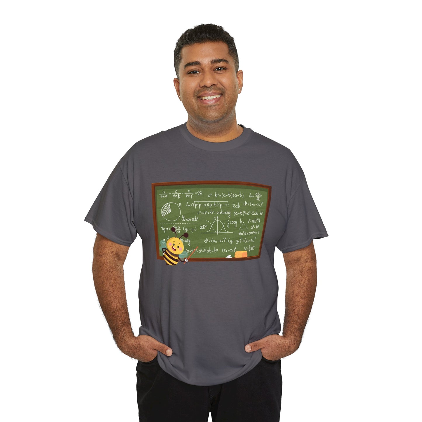 Man wearing a gray t-shirt with a graphic of bee pointing at a chalk board with mathematical equations 
