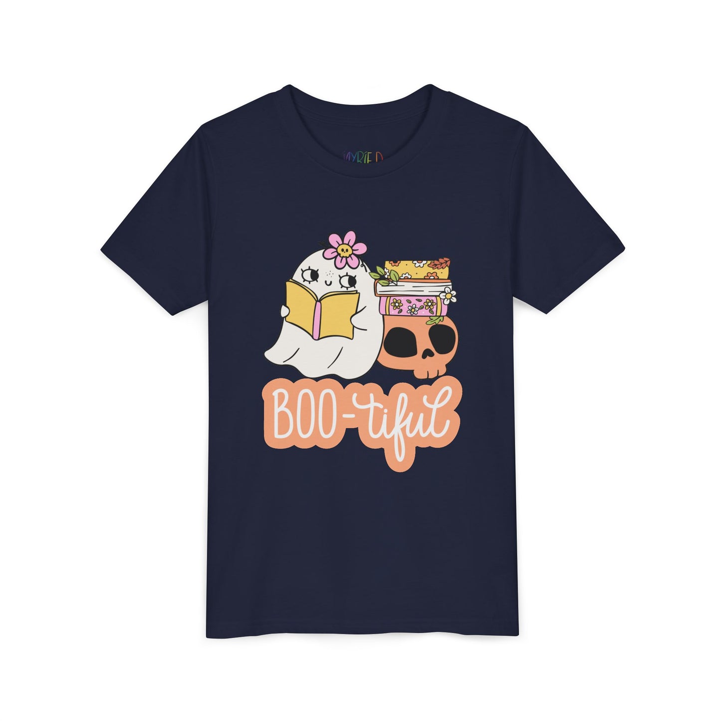 Youth Boo-tiful Halloween Tee – Cute Ghost & Books Design