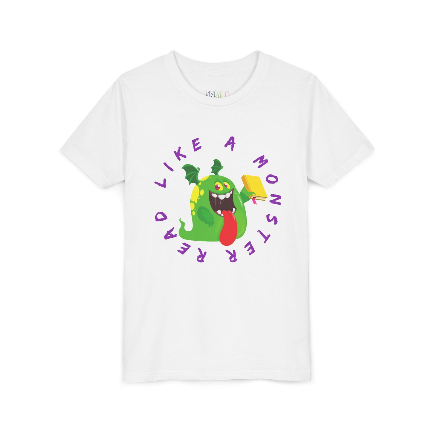 White t-shirt with a wide mouthed green monster holding a yellow book, circled by purple text 'Read Like A Monster' 