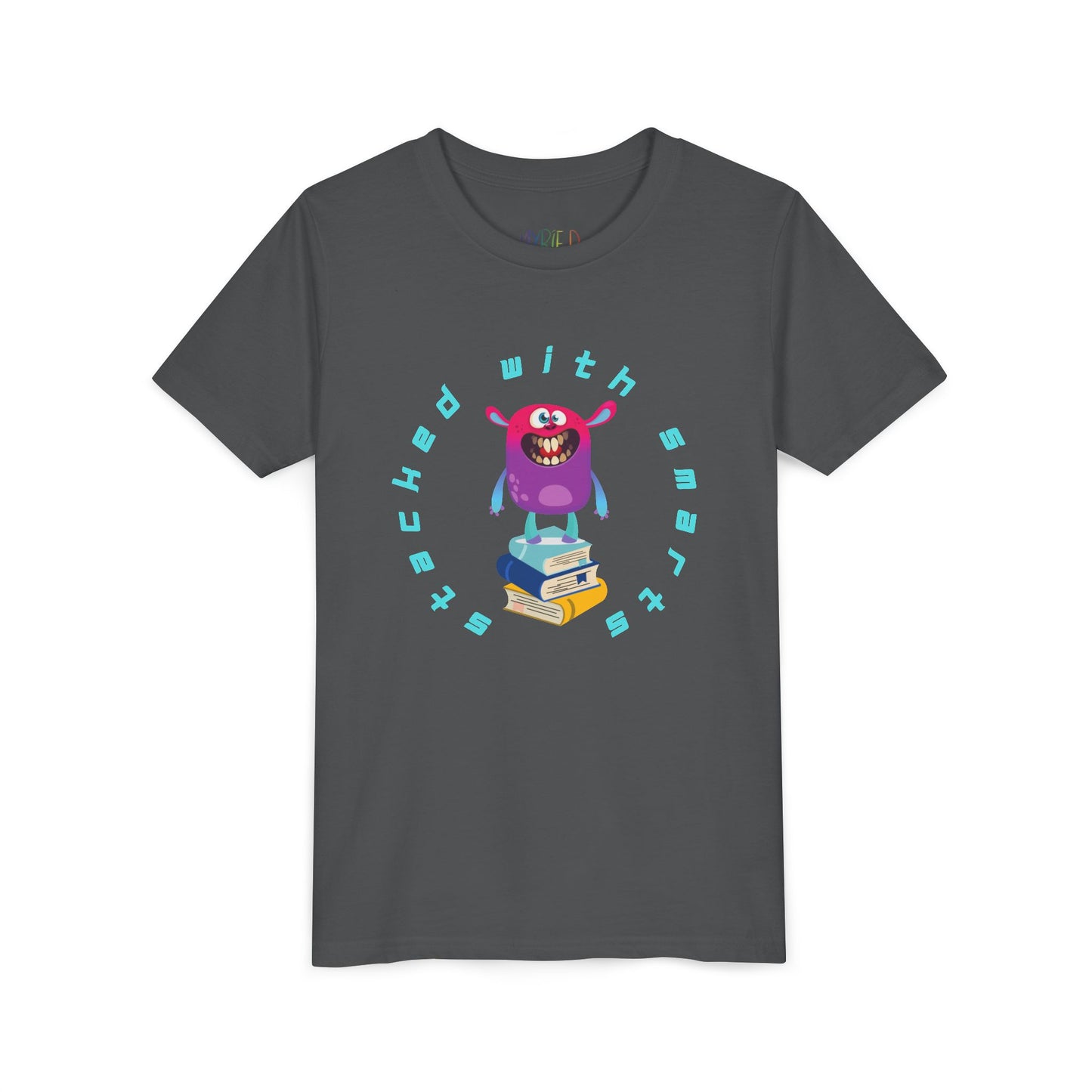 Gray t-shirt with a colorful, toothy monster graphic standing on a stack of books, circled by text 'STACKED WITH SMARTS'
